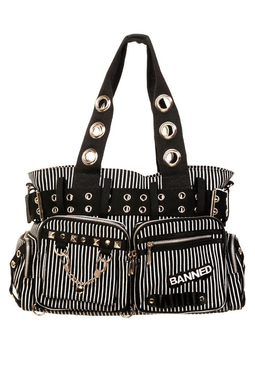 Banned Sweet Revenge Black & White Striped Handbag - Rockinredfox