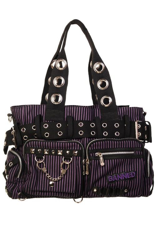 Banned Sweet Revenge Handbag Black Purple Striped Alternative Bag - Rockinredfox