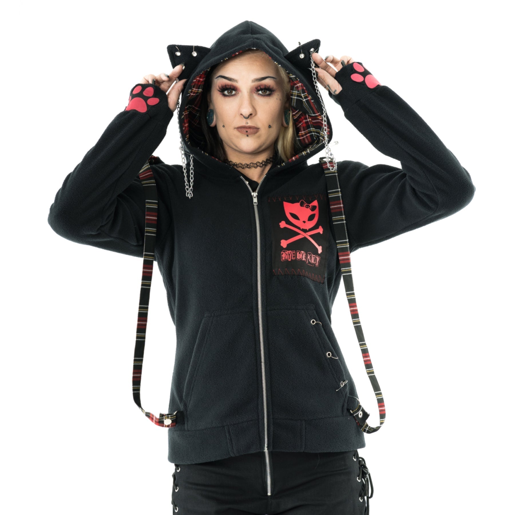 Bye Bye Kitty Trinity Hood – Black Gothic Cat Ear Hoodie | Alternative Zip Hood - Rockinredfox