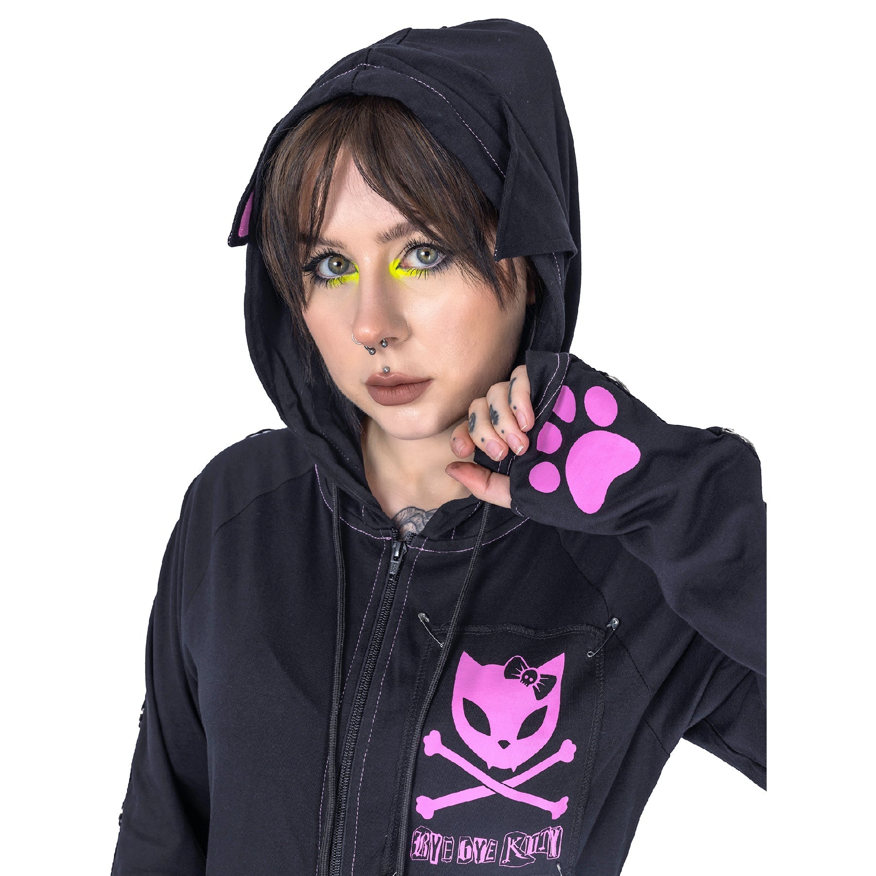 Bye Bye Kitty Void Hood Black Pink Gothic Cat Ear Hoodie Alternative Zip Up - Rockinredfox