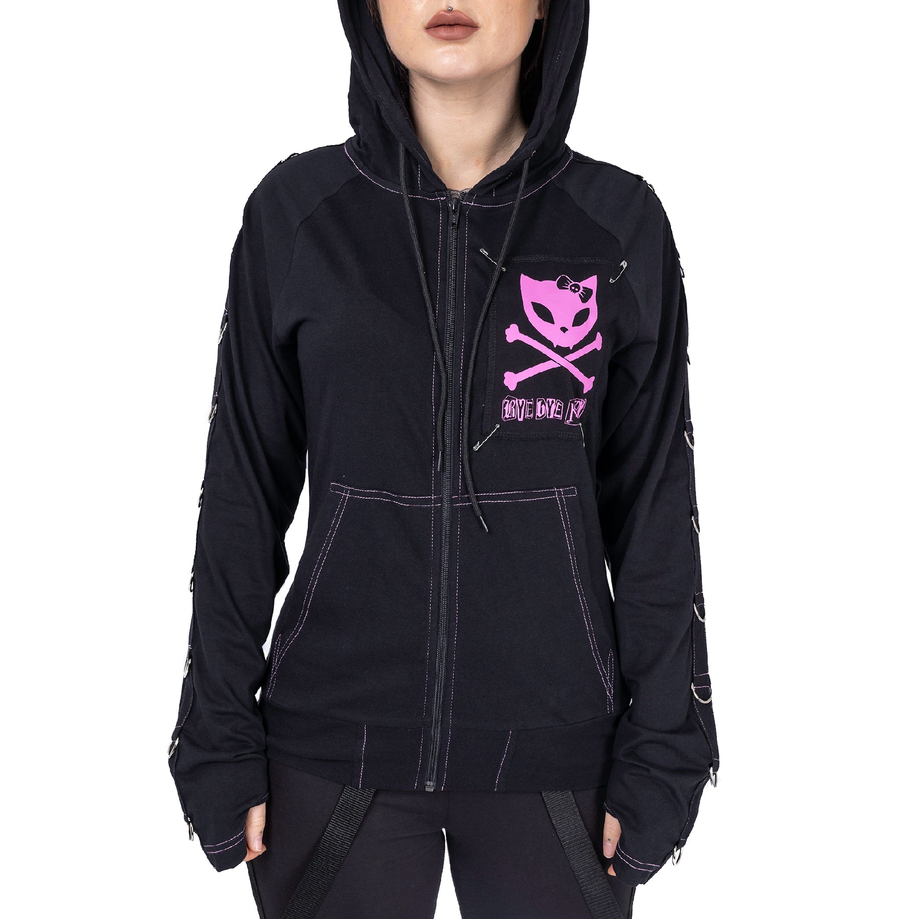 Bye Bye Kitty Void Hood Black Pink Gothic Cat Ear Hoodie Alternative Zip Up - Rockinredfox