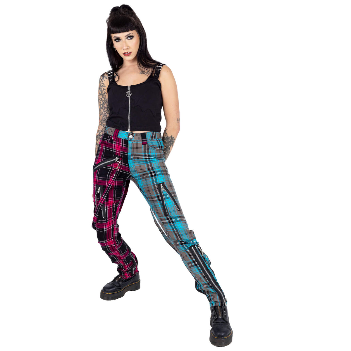 Chemical Black Azaria Pants Dark Pink Blue Check Punk Trousers - Rockinredfox