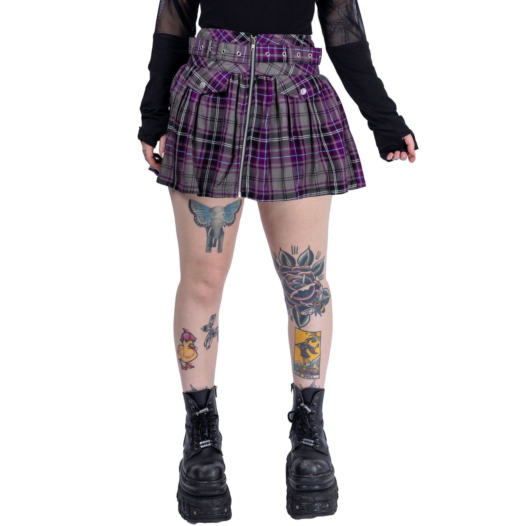 Chemical Black Belatine Skirt Grey Purple Tartan Punk Mini Skirt Zip Front - Rockinredfox