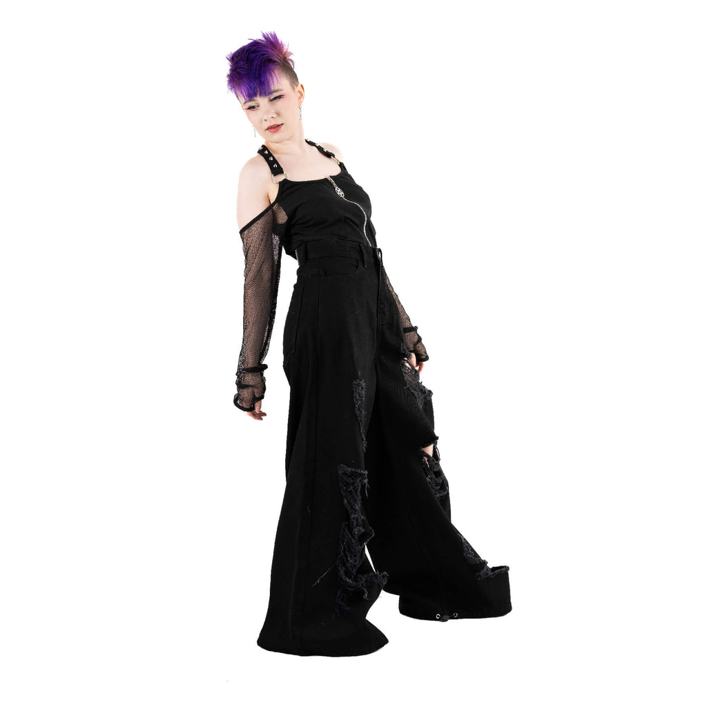 Chemical Black Carrie Jeans Black Wide Leg Ripped Gothic Grunge Alternative Unisex Trousers - Rockinredfox