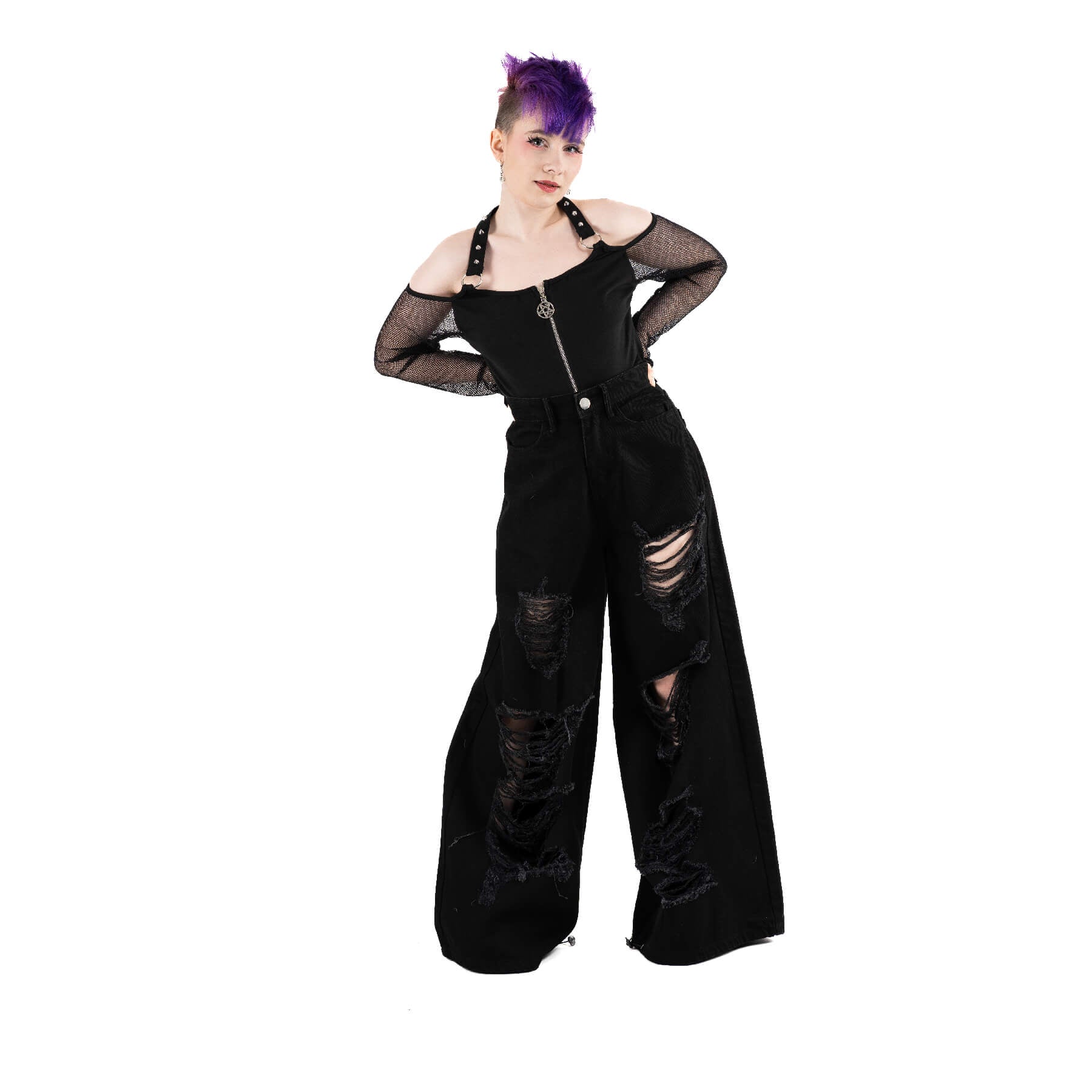Chemical Black Carrie Jeans Black Wide Leg Ripped Gothic Grunge Alternative Unisex Trousers - Rockinredfox