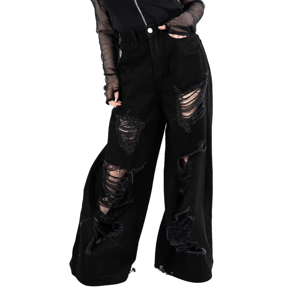 Chemical Black Carrie Jeans Black Wide Leg Ripped Gothic Grunge Alternative Unisex Trousers - Rockinredfox
