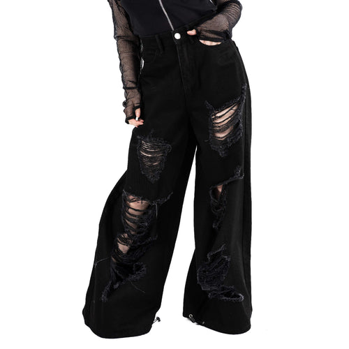 Chemical Black Carrie Jeans Black Wide Leg Ripped Gothic Grunge Alternative Unisex Trousers - Rockinredfox
