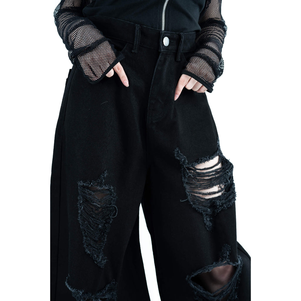 Chemical Black Carrie Jeans Black Wide Leg Ripped Gothic Grunge Alternative Unisex Trousers - Rockinredfox