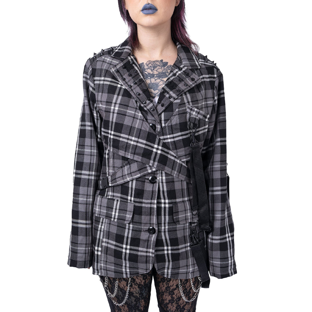 Chemical Black Cordelia Jacket Grey Check Gothic Harness Blazer Punk Grunge Alternative - Rockinredfox