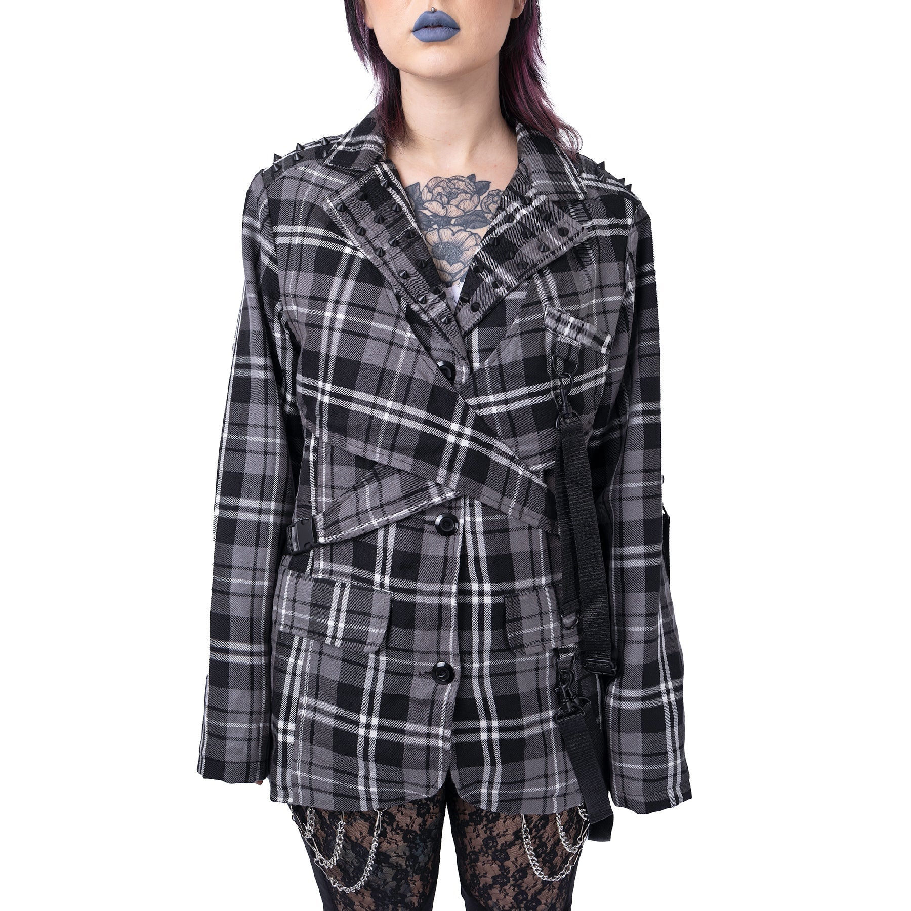 Chemical Black Cordelia Jacket Grey Check Gothic Harness Blazer Punk Grunge Alternative - Rockinredfox