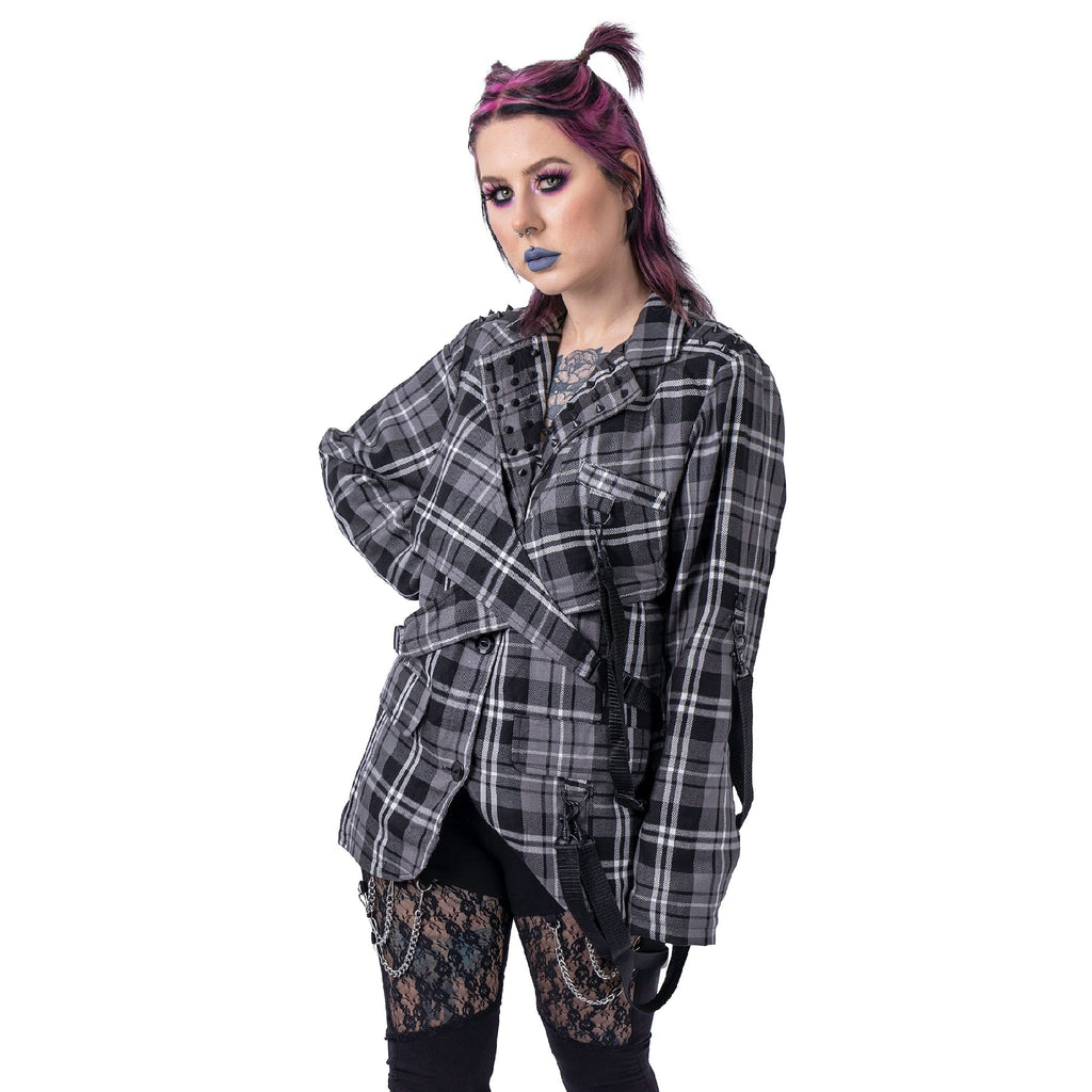 Chemical Black Cordelia Jacket Grey Check Gothic Harness Blazer Punk Grunge Alternative - Rockinredfox