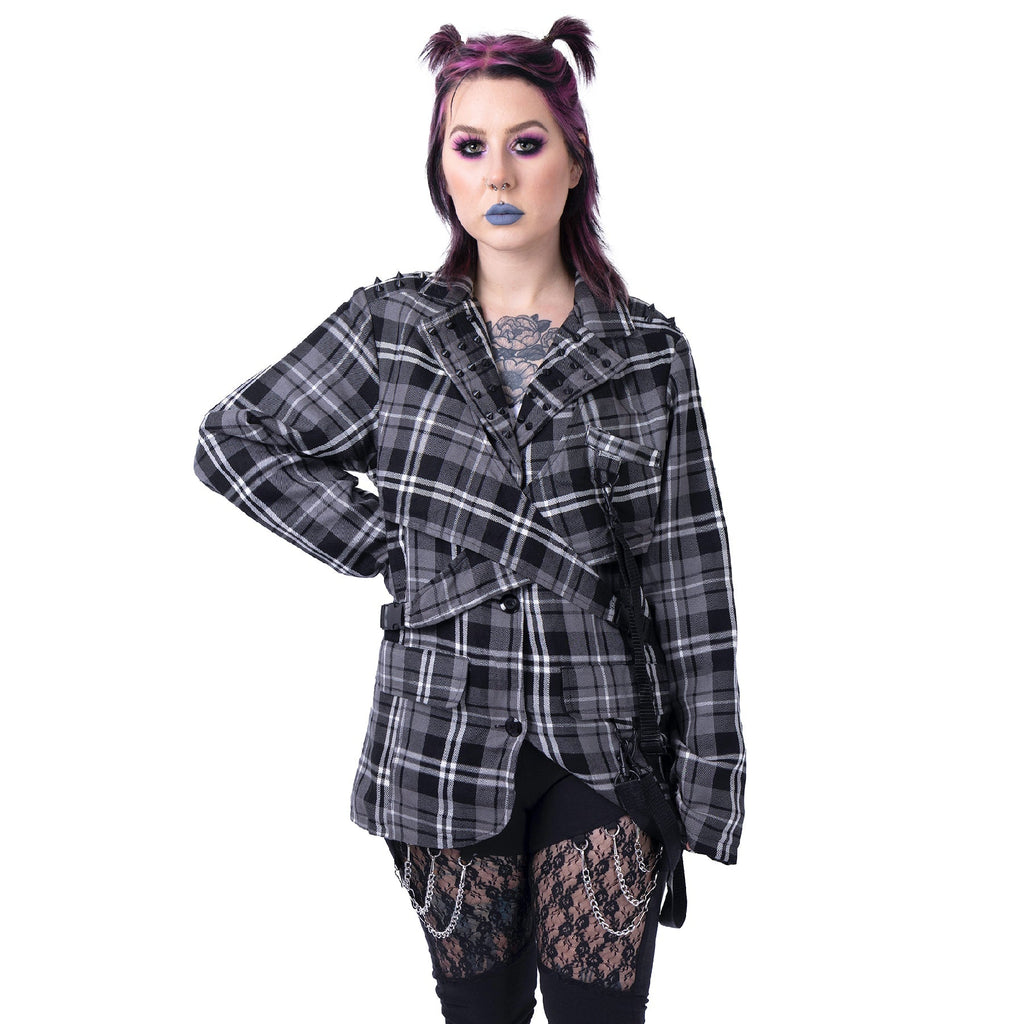 Chemical Black Cordelia Jacket Grey Check Gothic Harness Blazer Punk Grunge Alternative - Rockinredfox