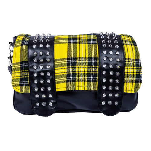 Chemical Black Damara Bag – Yellow Tartan Studded Punk Messenger Bag | Alternative Gothic Shoulder Bag - Rockinredfox