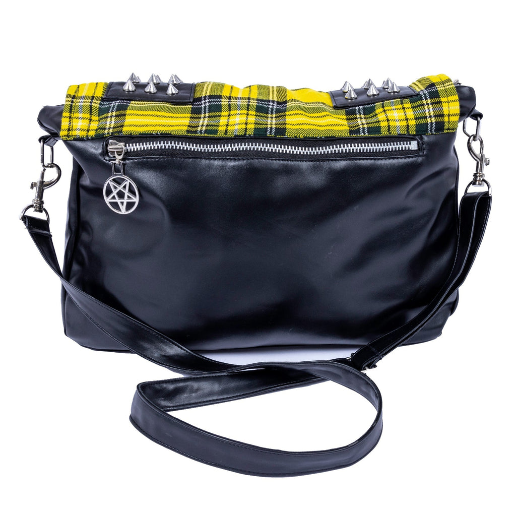Chemical Black Damara Bag – Yellow Tartan Studded Punk Messenger Bag | Alternative Gothic Shoulder Bag - Rockinredfox