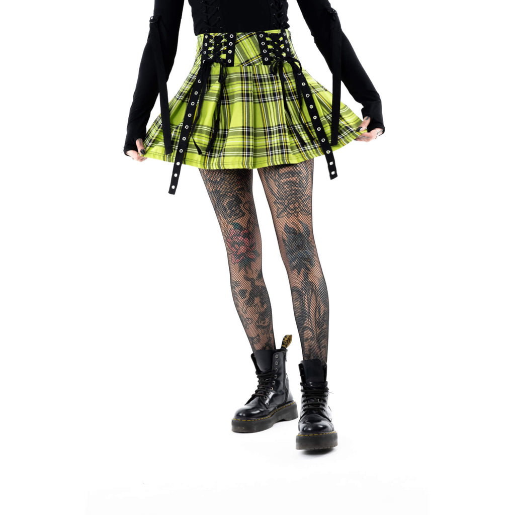 Chemical Black Diaz Skirt Green Tartan Punk Mini Skirt Lace Up High Waist - Rockinredfox