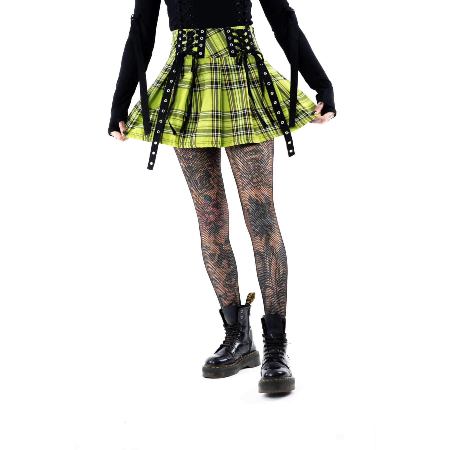 Chemical Black Diaz Skirt Green Tartan Punk Mini Skirt Lace Up High Waist - Rockinredfox