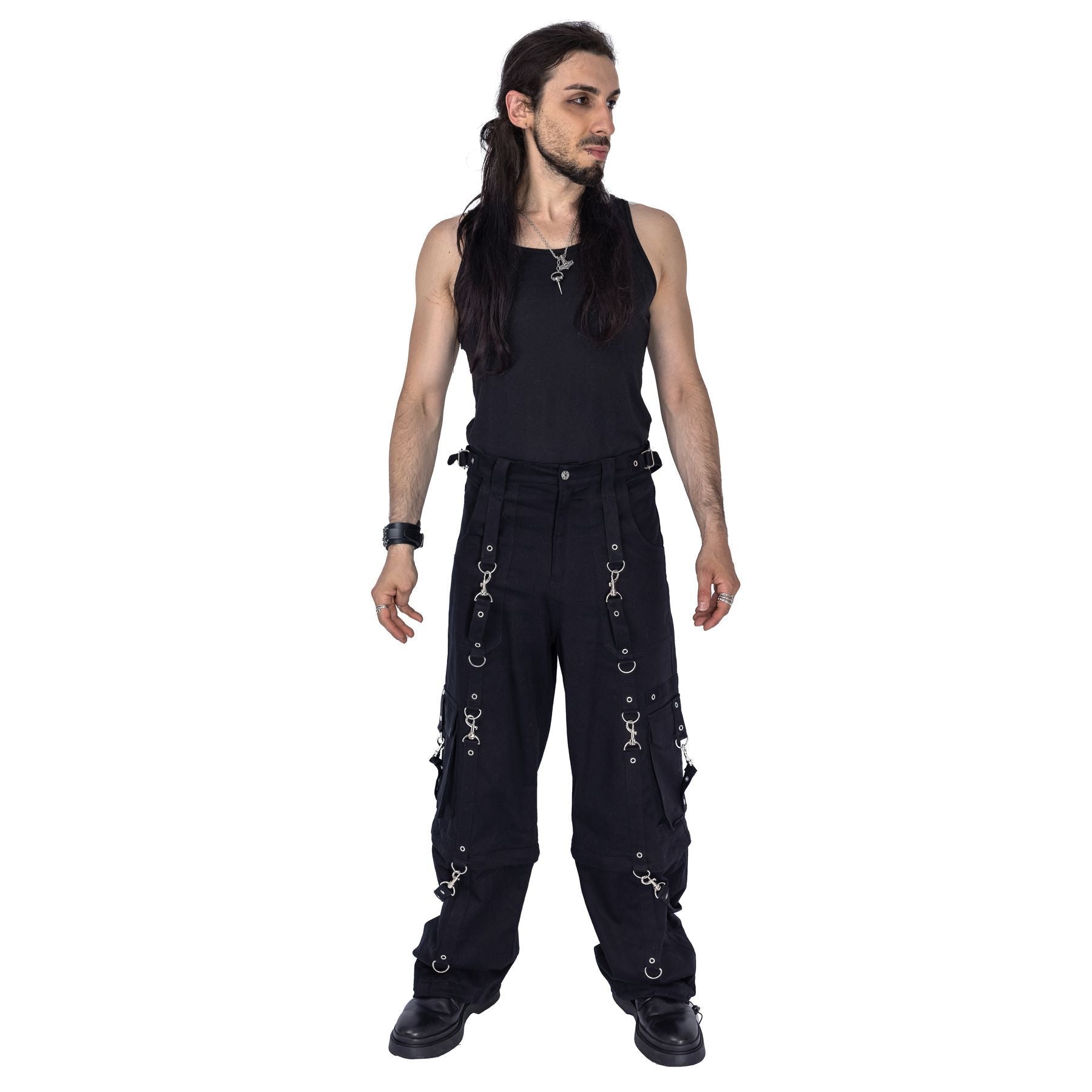 Chemical Black Mens Asante Pants – Black Gothic Zip - Off Cargo Trousers | Alternative Convertible Jorts - Rockinredfox