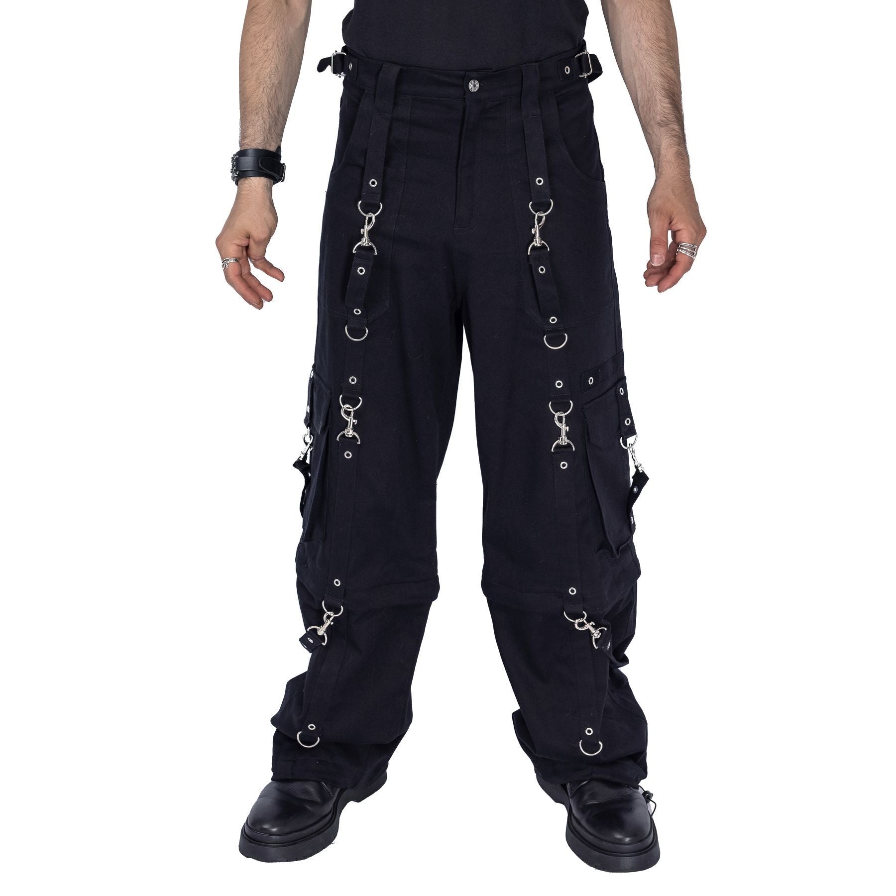 Chemical Black Mens Asante Pants – Black Gothic Zip - Off Cargo Trousers | Alternative Convertible Jorts - Rockinredfox