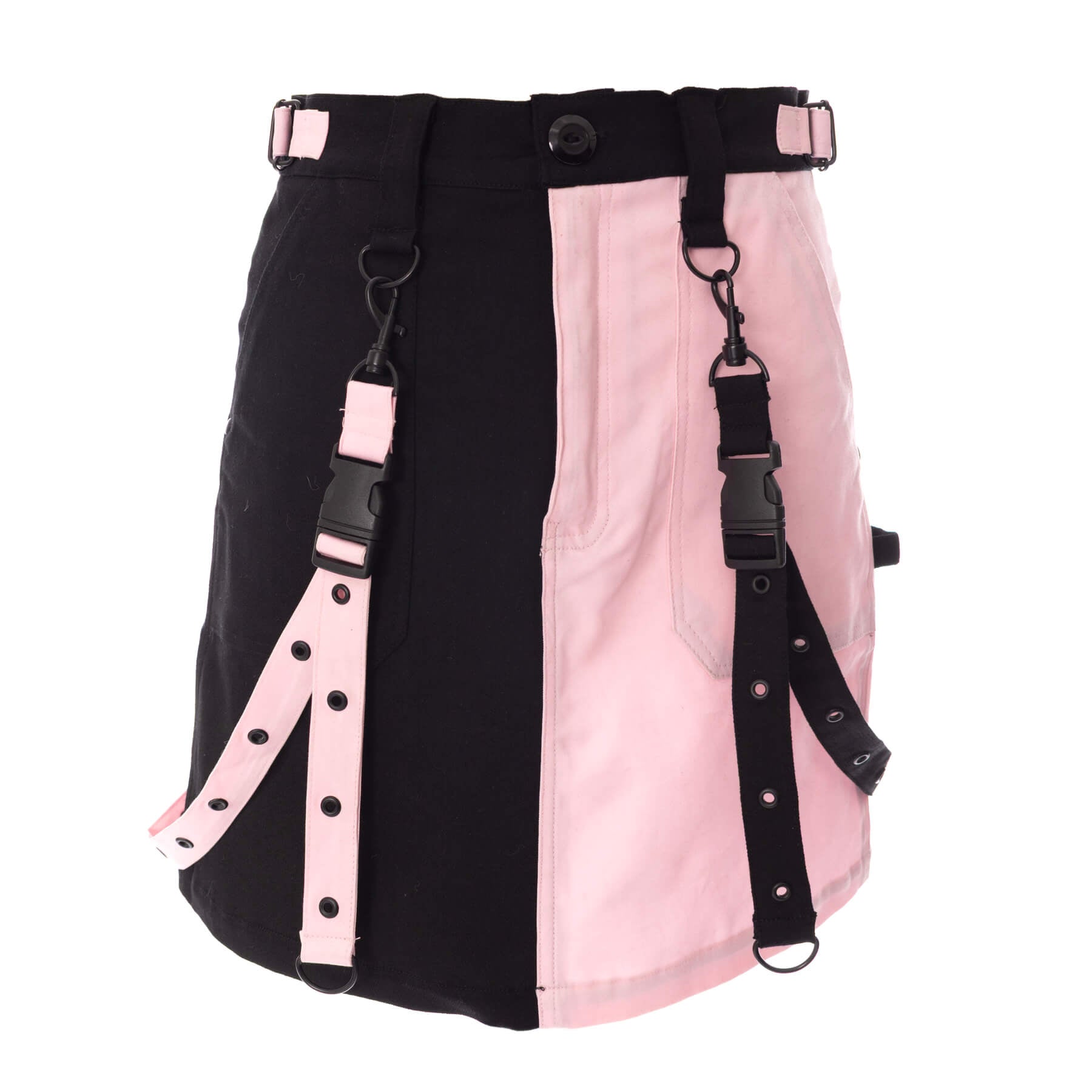 Chemical Black Veil & Void Skirt Black Pink | Gothic Split Mini Skirt with Straps & Hardware | RockinRedFox - Rockinredfox