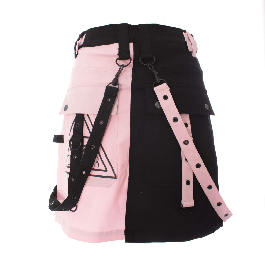 Chemical Black Veil & Void Skirt Black Pink | Gothic Split Mini Skirt with Straps & Hardware | RockinRedFox - Rockinredfox