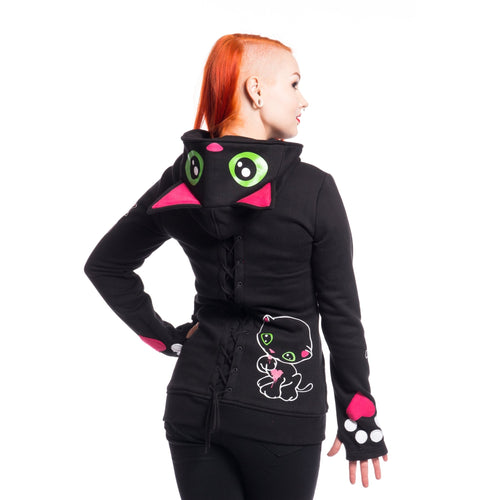 Cupcake Cult Black Cat Hood Black Zip Hoodie - Rockinredfox