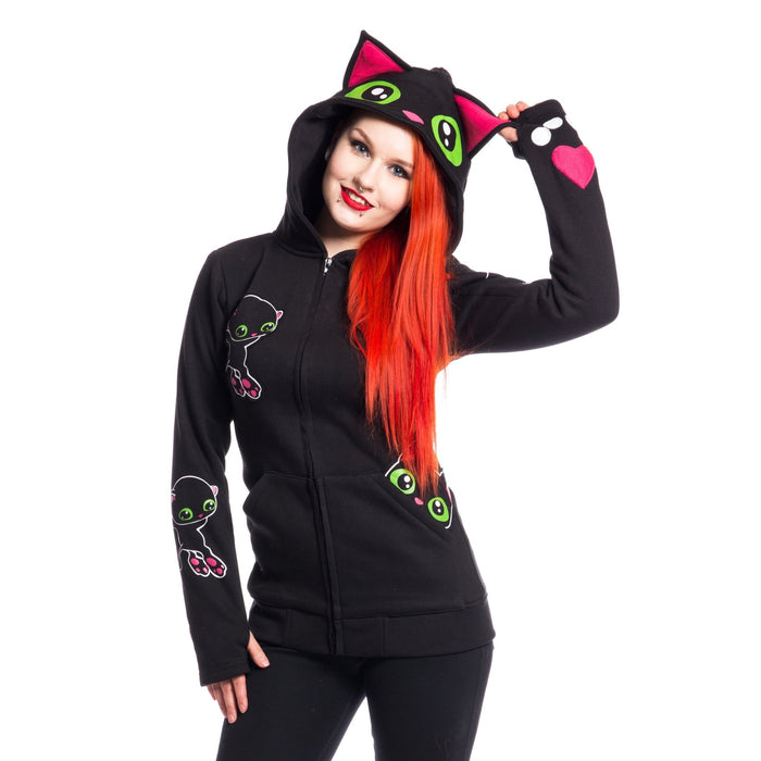 Cupcake Cult Black Cat Hood Black Zip Hoodie - Rockinredfox