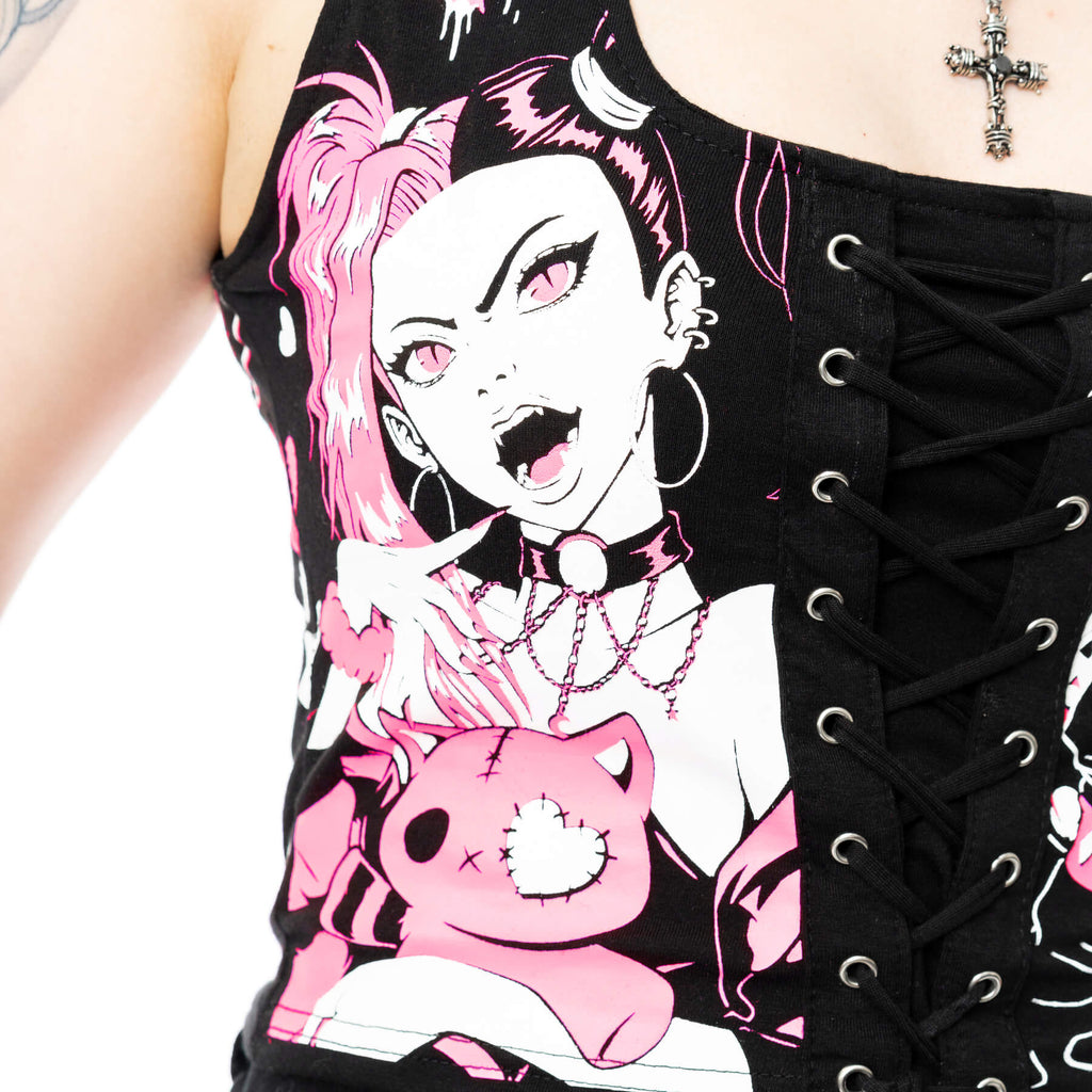Cupcake Cult Dollhouse Detention Top Black Gothic Kawaii Corset Lace Up Crop Top Alternative - Rockinredfox