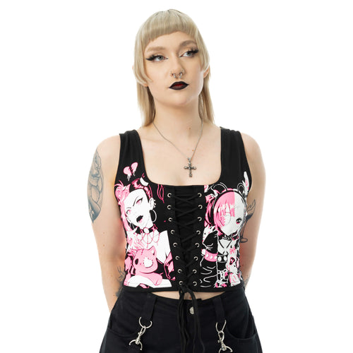 Cupcake Cult Dollhouse Detention Top Black Gothic Kawaii Corset Lace Up Crop Top Alternative - Rockinredfox