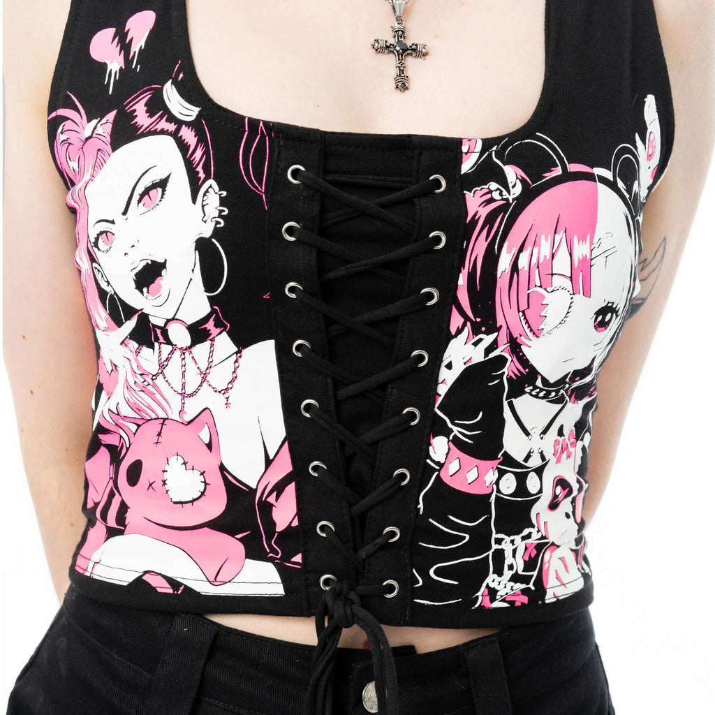 Cupcake Cult Dollhouse Detention Top Black Gothic Kawaii Corset Lace Up Crop Top Alternative - Rockinredfox