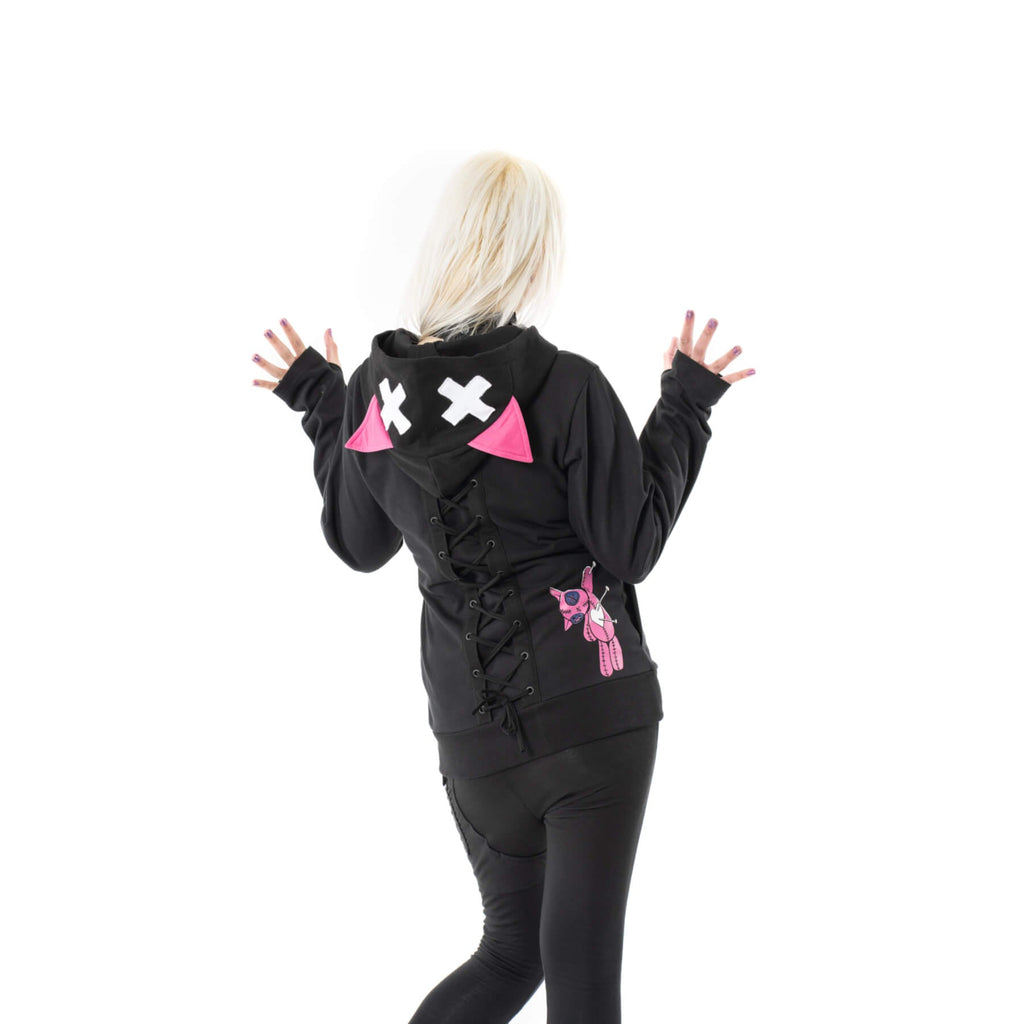 Cupcake Cult Kitty Mayhem Hood Black Pink Alternative Cat Zip Hoodie - Rockinredfox