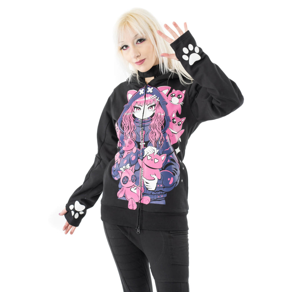 Cupcake Cult Kitty Mayhem Hood Black Pink Alternative Cat Zip Hoodie - Rockinredfox