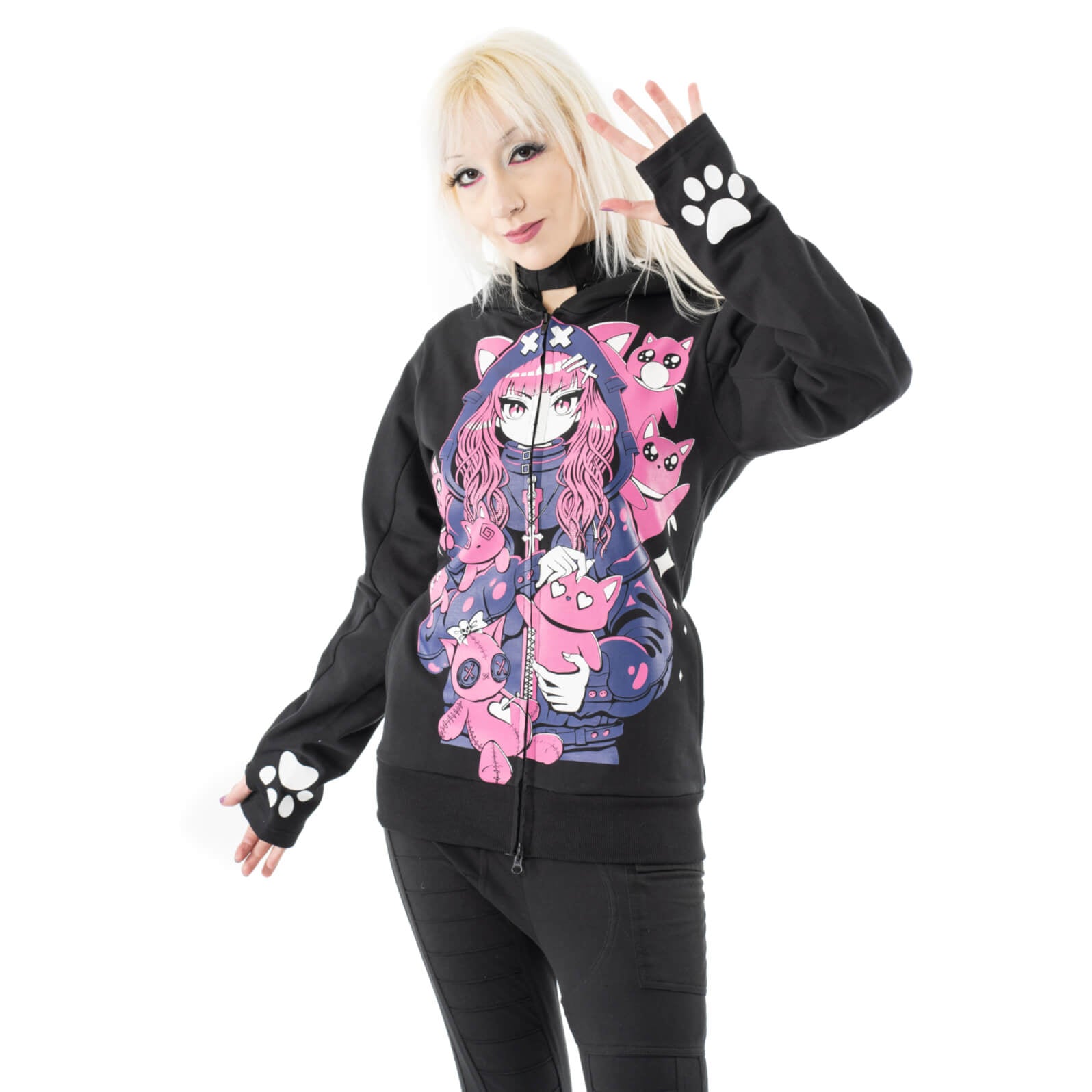 Cupcake Cult Kitty Mayhem Hood Black Pink Alternative Cat Zip Hoodie - Rockinredfox
