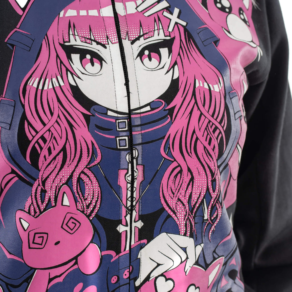 Cupcake Cult Kitty Mayhem Hood Black Pink Alternative Cat Zip Hoodie - Rockinredfox