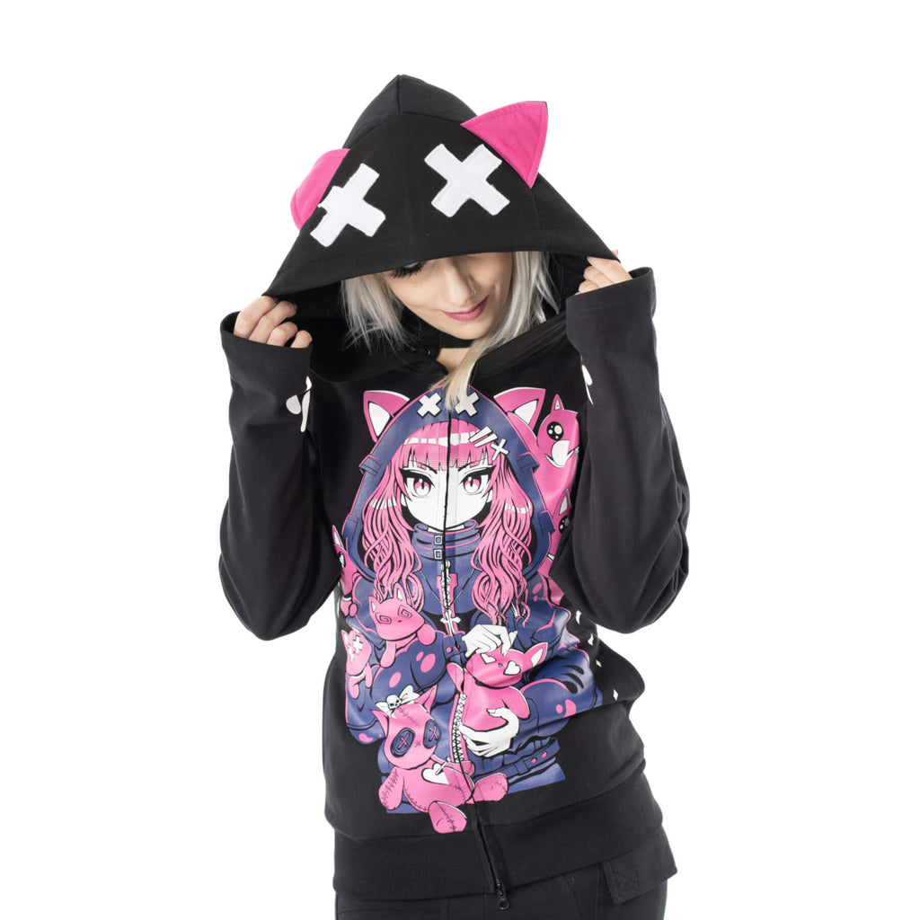 Cupcake Cult Kitty Mayhem Hood Black Pink Alternative Cat Zip Hoodie - Rockinredfox