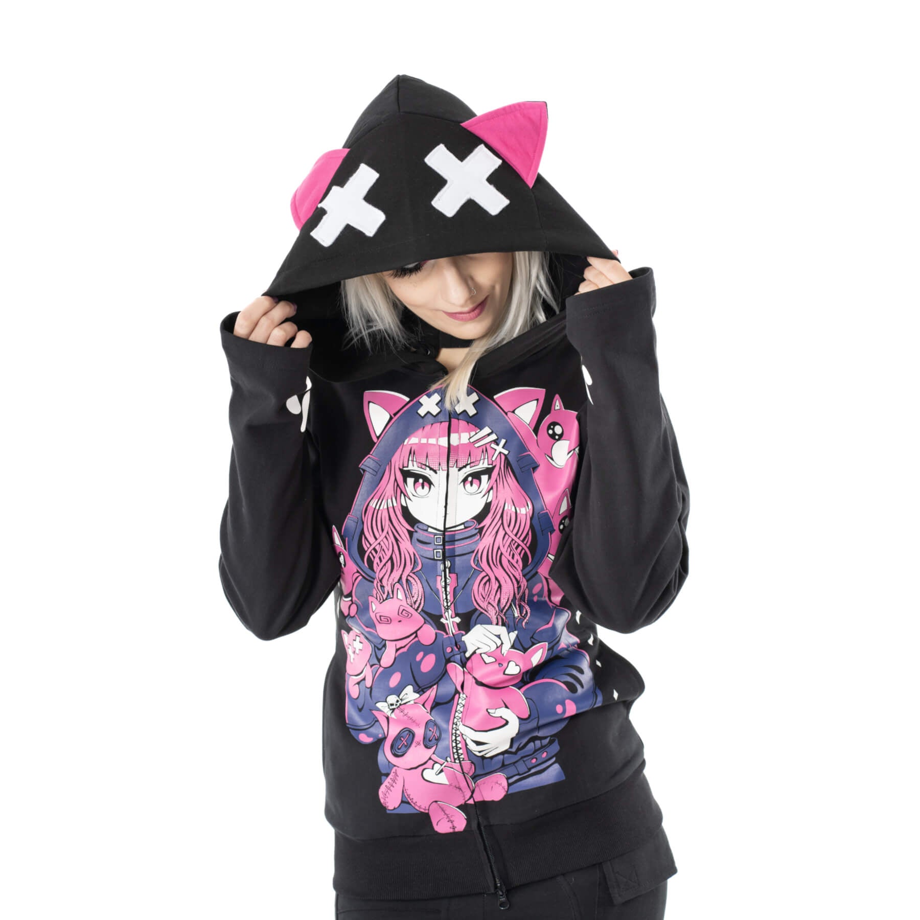 Cupcake Cult Kitty Mayhem Hood Black Pink Alternative Cat Zip Hoodie - Rockinredfox