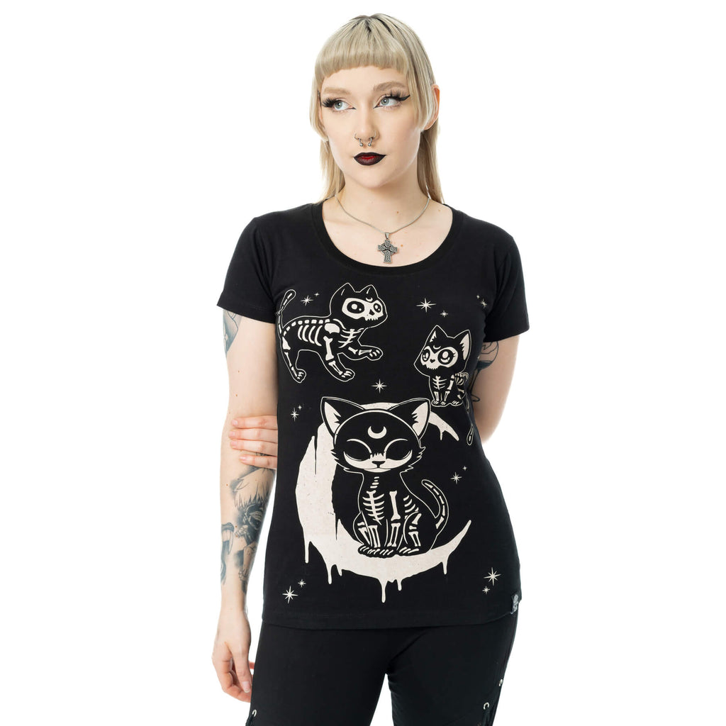 Cupcake Cult Moonlight T Shirt Black Gothic Cat Graphic Alternative Top - Rockinredfox