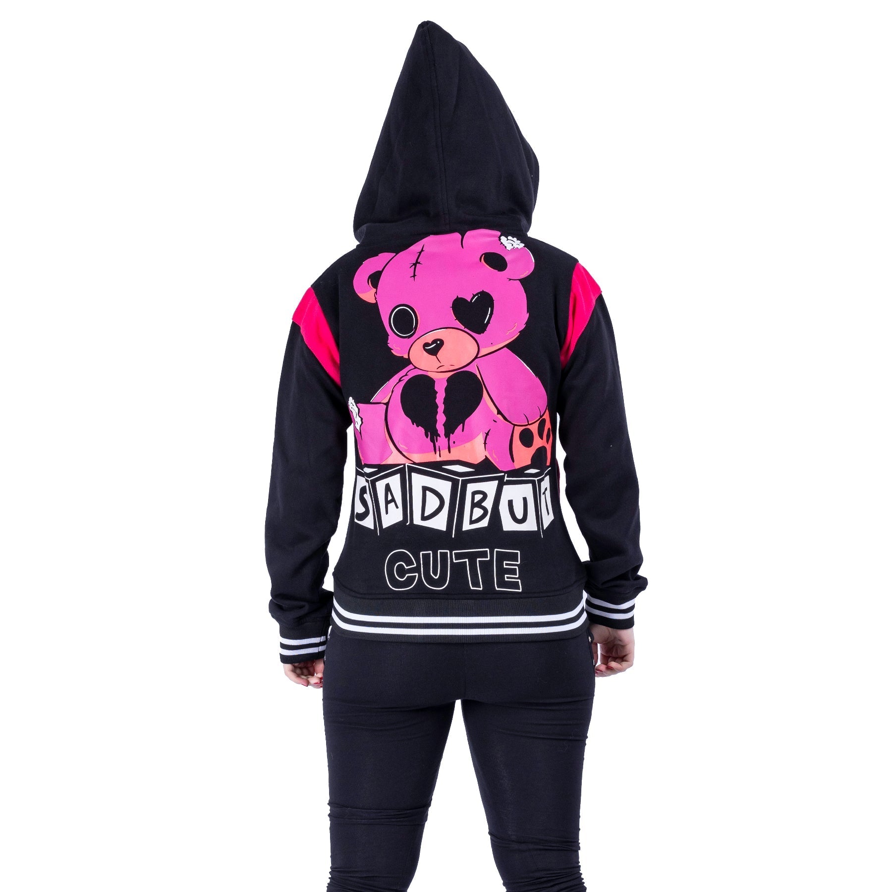Cupcake Cult Sad But Cute Varsity Jacket Black Pink Gothic Teddy Hoodie - Rockinredfox
