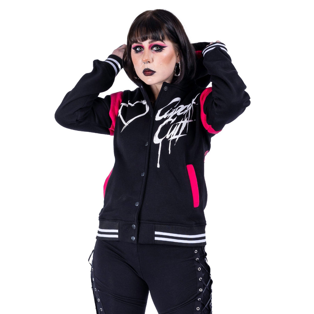 Cupcake Cult Sad But Cute Varsity Jacket Black Pink Gothic Teddy Hoodie - Rockinredfox