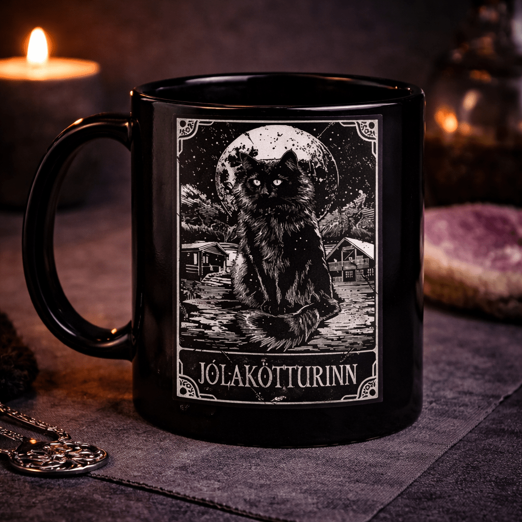 Deadly Tarot Jólakötturinn Yule Cat Mug – Gothic Black Folklore Coffee Cup - Rockinredfox