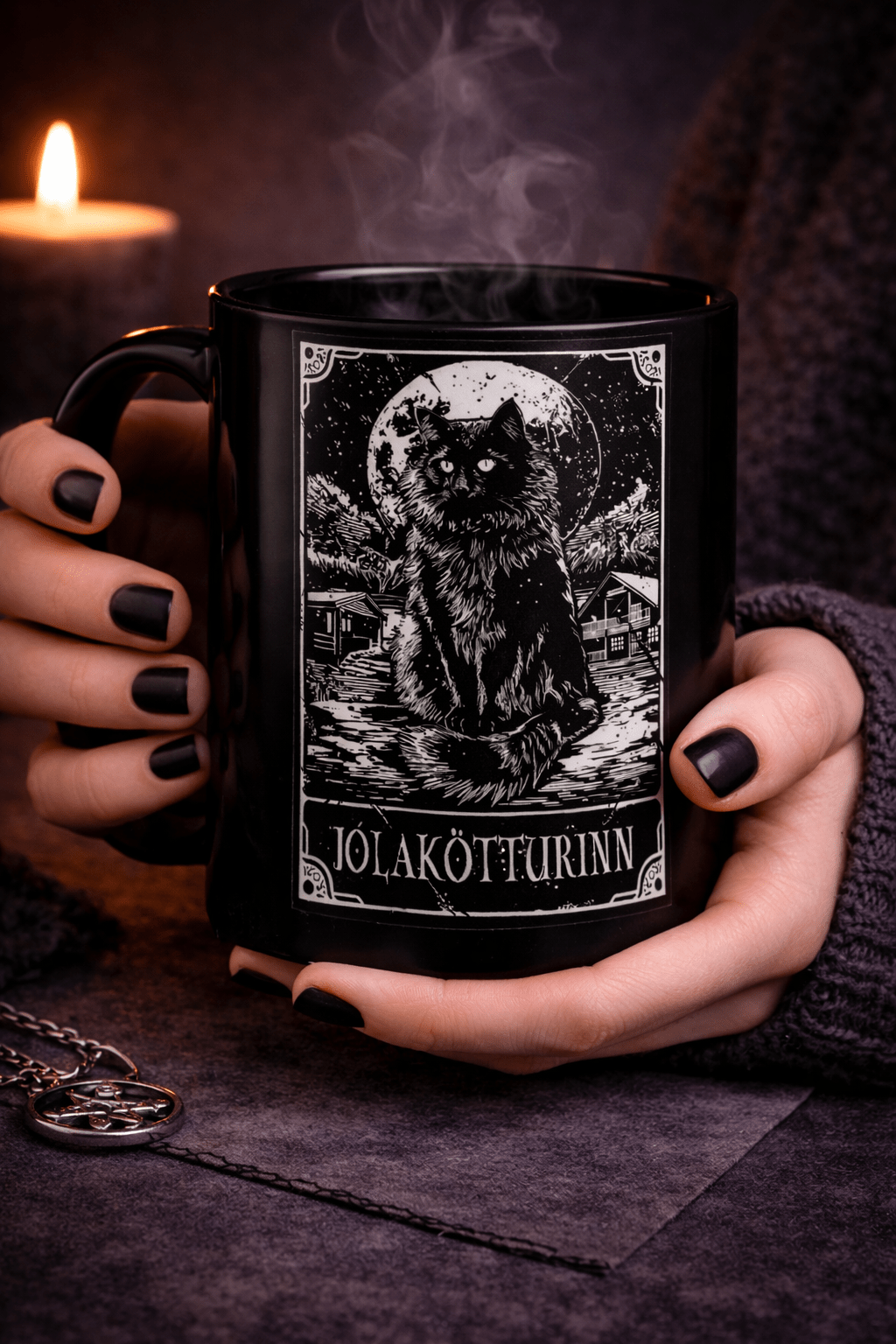 Deadly Tarot Jólakötturinn Yule Cat Mug – Gothic Black Folklore Coffee Cup - Rockinredfox