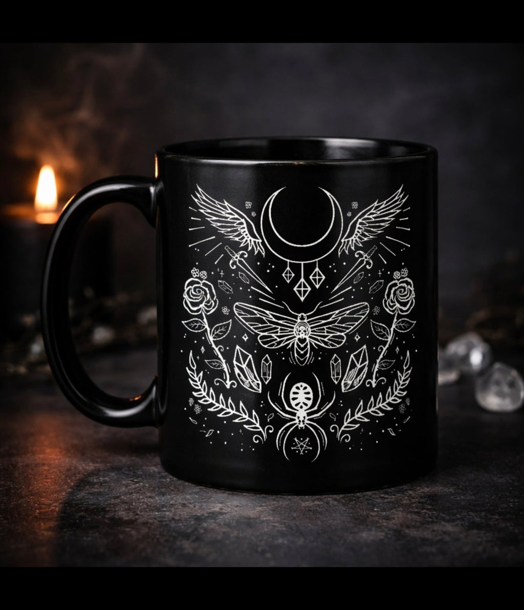 Elemental Witch Mug – Black Gothic Ceramic Coffee Cup - Rockinredfox