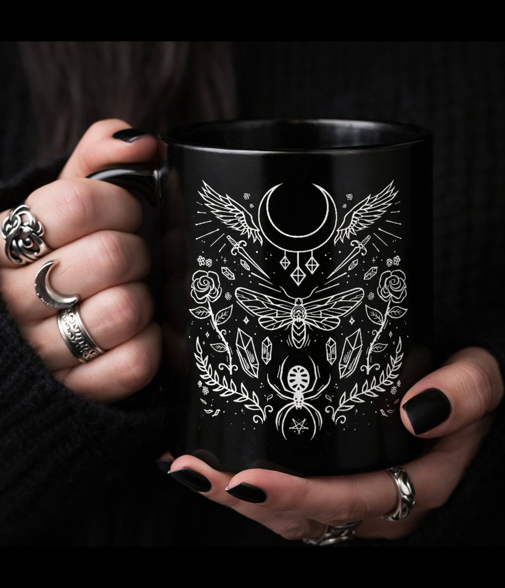 Elemental Witch Mug – Black Gothic Ceramic Coffee Cup - Rockinredfox