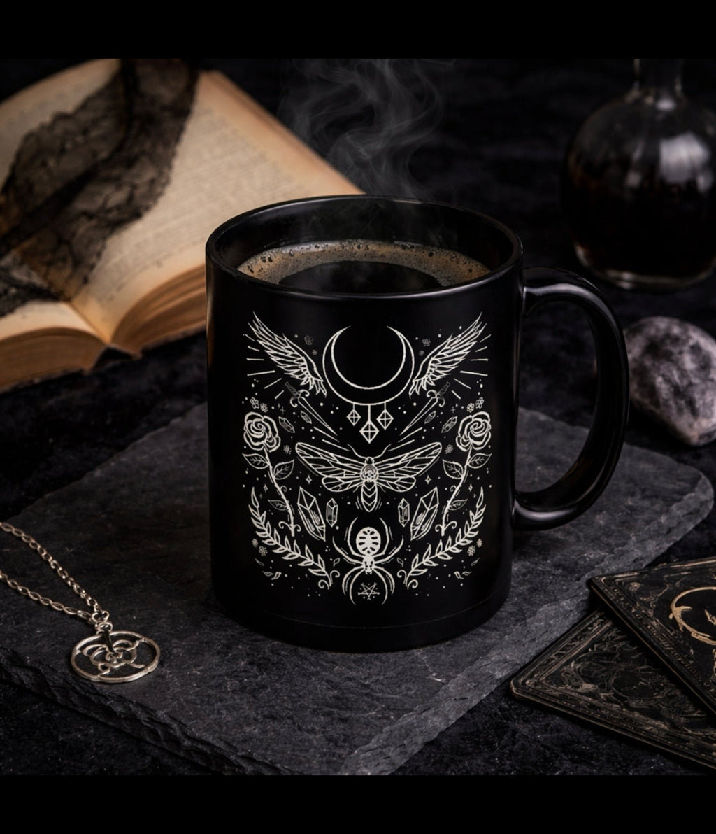 Elemental Witch Mug – Black Gothic Ceramic Coffee Cup - Rockinredfox