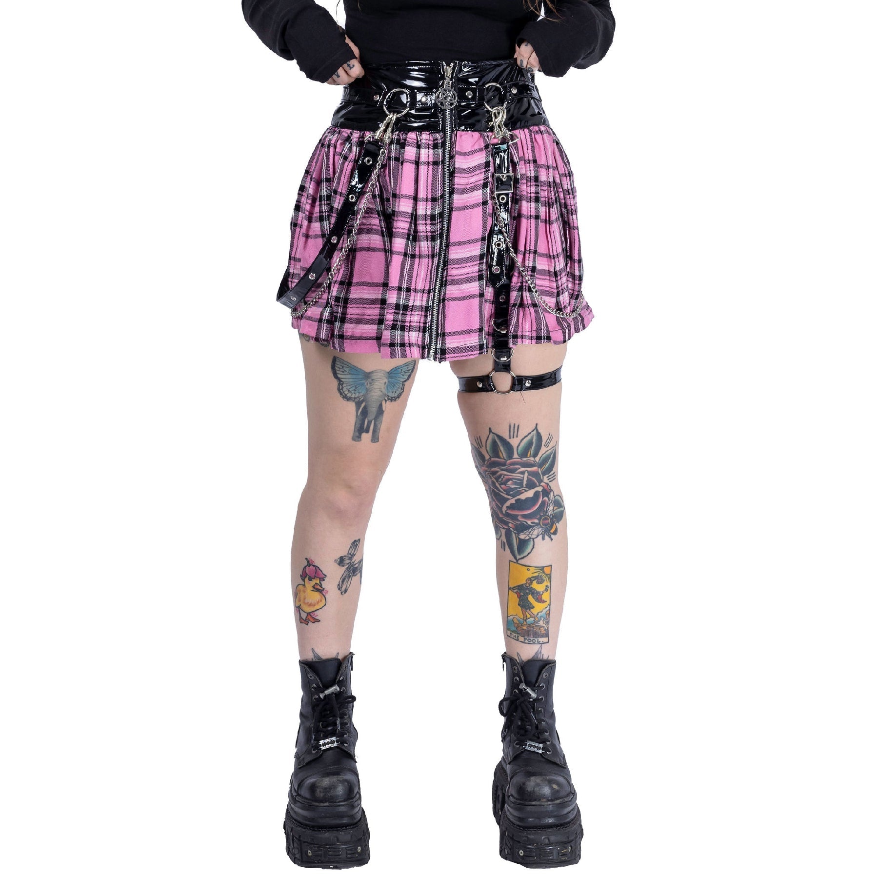 Heartless Calamity Skirt Pink Tartan | Gothic Punk Mini Skirt with Harness & Chains | RockinRedFox - Rockinredfox