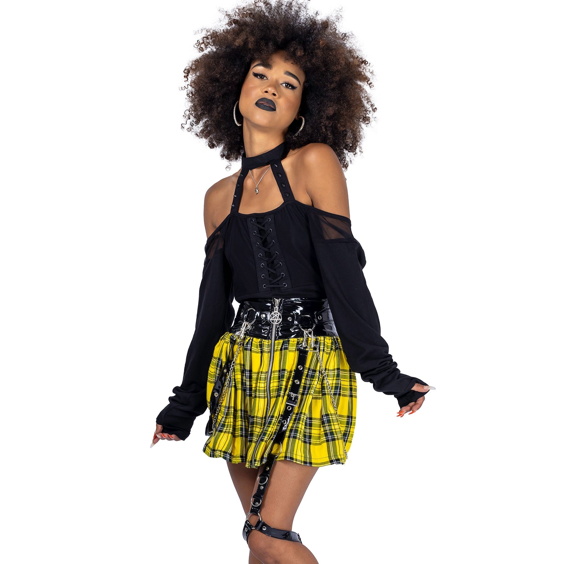 Heartless Calamity Skirt Yellow Tartan | Gothic Punk Mini Skirt with Harness Straps & Chains | RockinRedFox - Rockinredfox