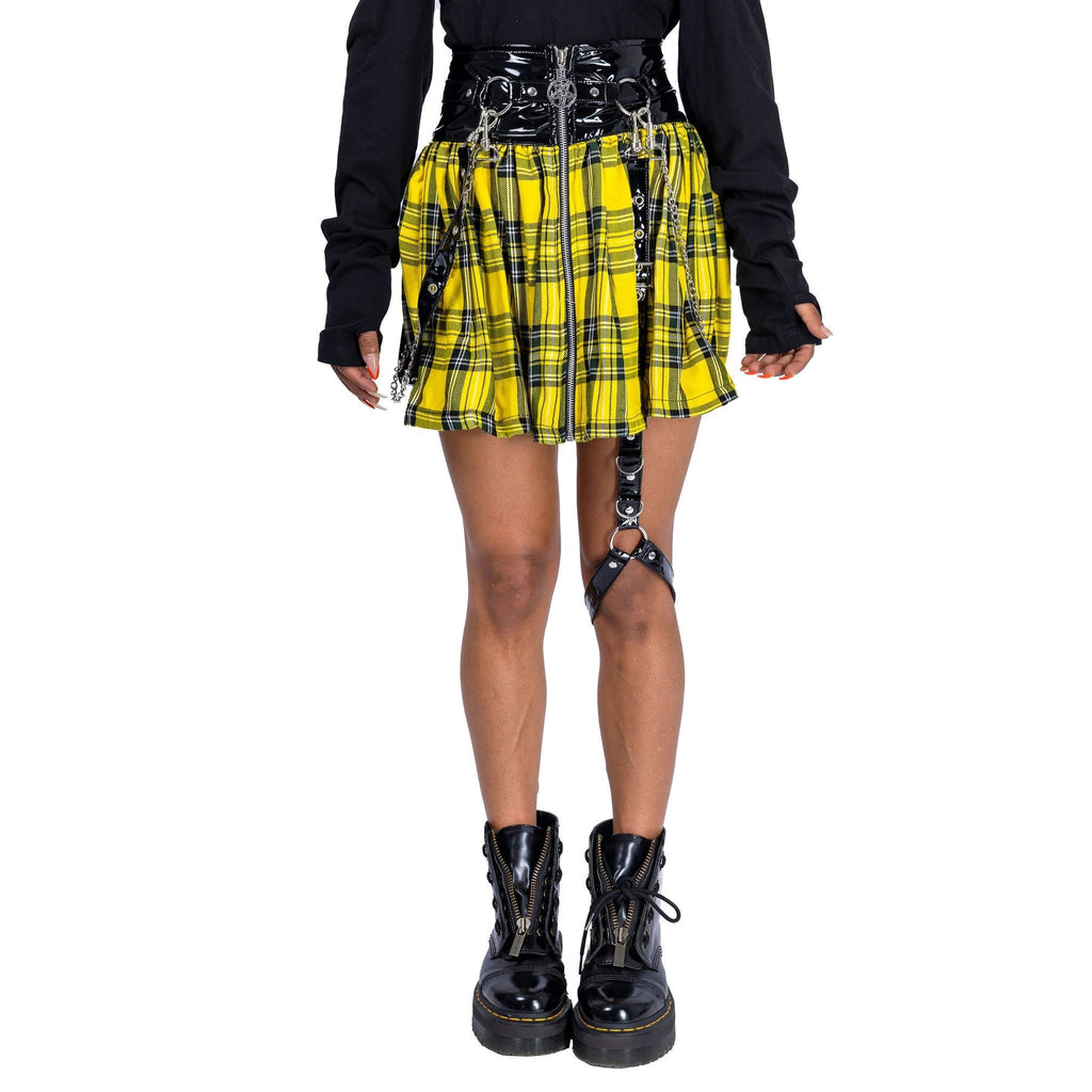 Heartless Calamity Skirt Yellow Tartan | Gothic Punk Mini Skirt with Harness Straps & Chains | RockinRedFox - Rockinredfox