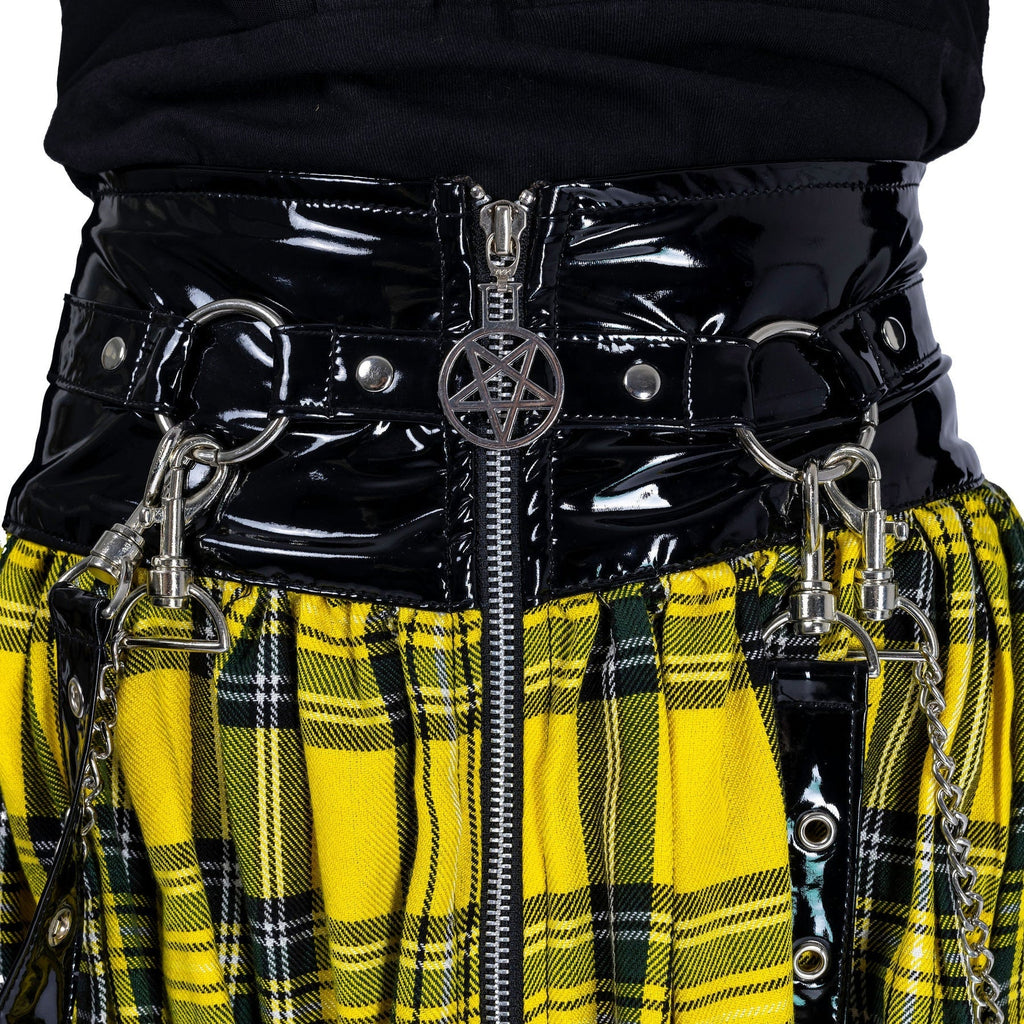 Heartless Calamity Skirt Yellow Tartan | Gothic Punk Mini Skirt with Harness Straps & Chains | RockinRedFox - Rockinredfox
