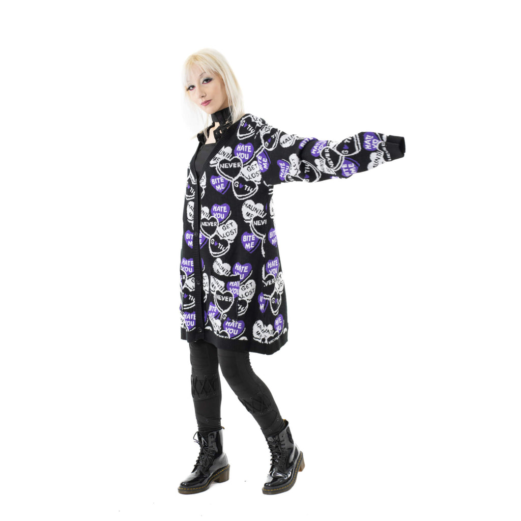 Heartless Candy Cardigan Black White Purple Oversized Gothic Heart Knit Cardigan - Rockinredfox