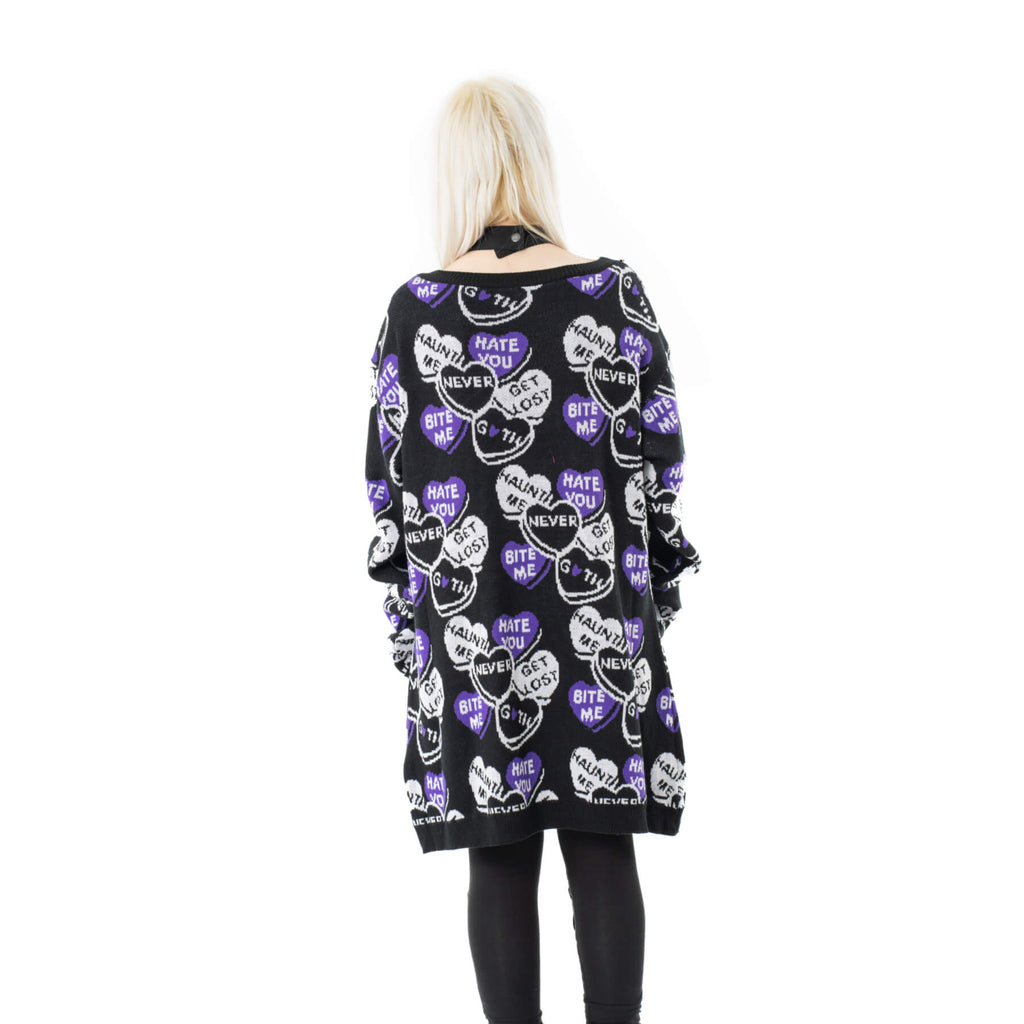 Heartless Candy Cardigan Black White Purple Oversized Gothic Heart Knit Cardigan - Rockinredfox