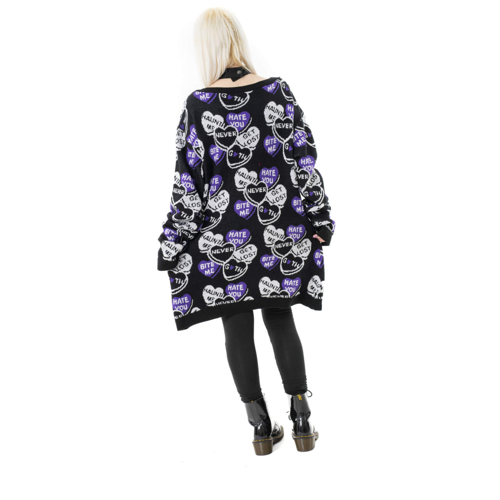 Heartless Candy Cardigan Black White Purple Oversized Gothic Heart Knit Cardigan - Rockinredfox
